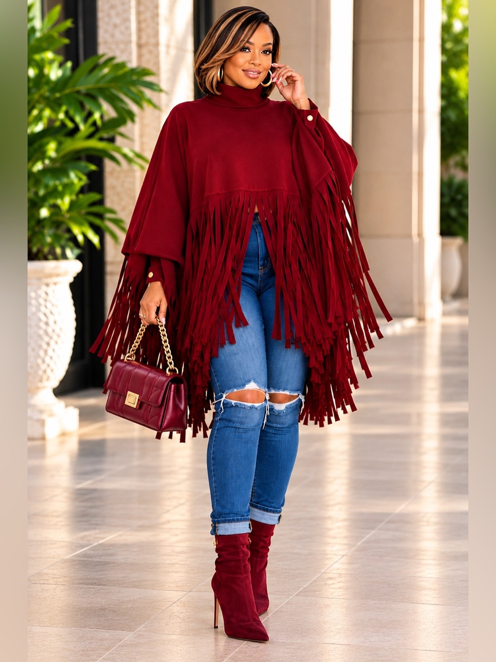 Plus Size Fringe Poncho Coat | High Neck Batwing Cape 2X